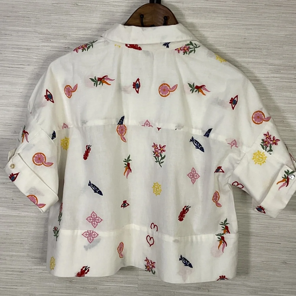 Caroline Constas White Crop Button Up Embroidered Top Med Summer Print Linen - Picture 9 of 13